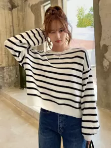 DAZY Mẫu sọc Ngực đơn Tách rời Thả vai Áo len - Đen và trắng - Xem 8