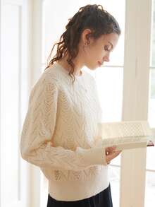 Knit Mix Solid Pointelle Knit Jumper - Beige - View 3