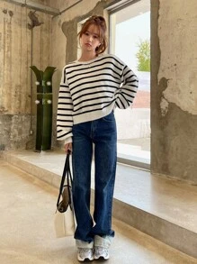DAZY Mẫu sọc Ngực đơn Tách rời Thả vai Áo len - Đen và trắng - Xem 4
