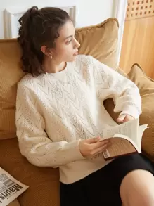 Knit Mix Solid Pointelle Knit Jumper - Beige - View 1