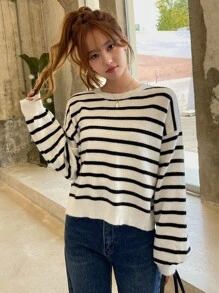 DAZY Mẫu sọc Ngực đơn Tách rời Thả vai Áo len - Đen và trắng - Xem 6