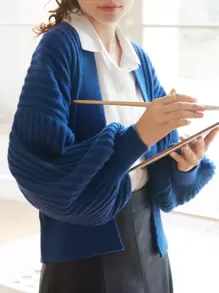 Knit Mix Casual Solid Batwing Sleeve Cropped Cardigan, Spring Autumn - Blue - View 1