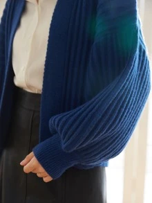 Knit Mix Casual Solid Batwing Sleeve Cropped Cardigan, Spring Autumn - Blue - View 5