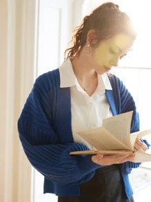 Knit Mix Casual Solid Batwing Sleeve Cropped Cardigan, Spring Autumn - Blue - View 7