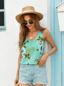 DEARCASE Floral Print Tank Top - Mint Green - View 4