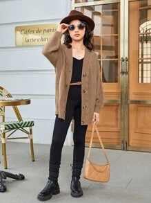 SHEIN Leap Crew Tween Girl Button Front Drop Shoulder Cardigan - Camel - View 3
