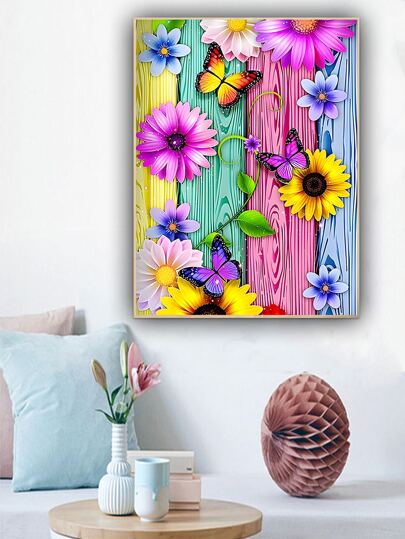 1set Flower & Butterfly Pattern DIY Diamond Unframed Painting
