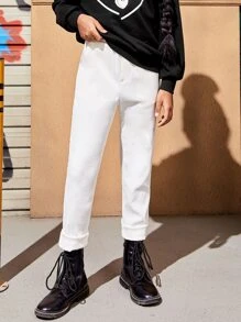 SHEIN Girls Solid Slant Pocket Trousers - White - View 2