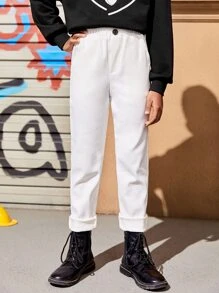 SHEIN Girls Solid Slant Pocket Trousers - White - View 5