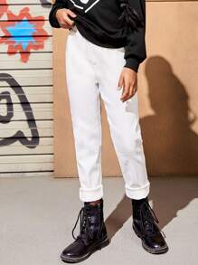 SHEIN Girls Solid Slant Pocket Trousers - White - View 7