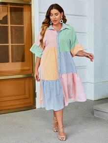 Simplee Plus Striped Colourblock Button Front Shirt Dress - Multicolor - View 3