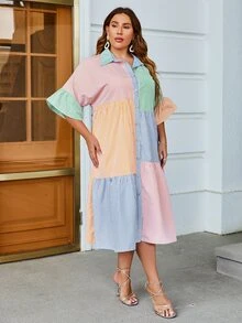 Simplee Plus Striped Colourblock Button Front Shirt Dress - Multicolor - View 4