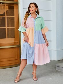 Simplee Plus Striped Colourblock Button Front Shirt Dress - Multicolor - View 5