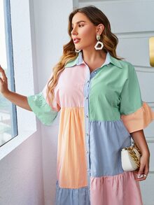 Simplee Plus Striped Colourblock Button Front Shirt Dress - Multicolor - View 6