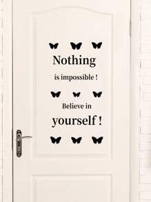 1pc Self-adhesive PVC Wall Sticker,Simple Slogan Butterfly Graphic Wall Decal For Bedroom - Black - View 4