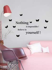 1pc Self-adhesive PVC Wall Sticker,Simple Slogan Butterfly Graphic Wall Decal For Bedroom - Black - View 6