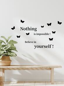 1pc Self-adhesive PVC Wall Sticker,Simple Slogan Butterfly Graphic Wall Decal For Bedroom - Black - View 7