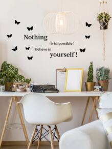 1pc Self-adhesive PVC Wall Sticker,Simple Slogan Butterfly Graphic Wall Decal For Bedroom - Black - View 8