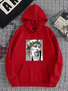 Men Sculpture And Figure Graphic Kangaroo Pocket Drawstring Thermal Lined Hoodie - Red - View 1