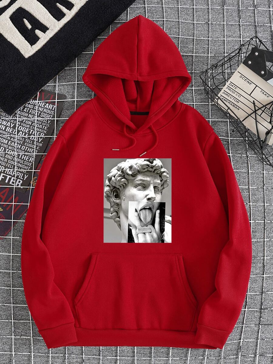 Men Sculpture And Figure Graphic Kangaroo Pocket Drawstring Thermal Lined Hoodie - Red - View 1