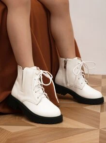Girls Side Zip Lace-up Front Combat Boots - White - View 1