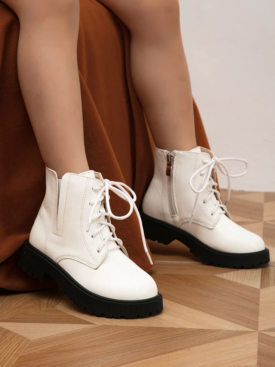 Girls Side Zip Lace-up Front Combat Boots - White - View 1