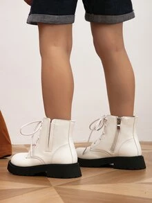 Girls Side Zip Lace-up Front Combat Boots - White - View 3