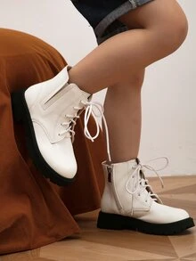 Girls Side Zip Lace-up Front Combat Boots - White - View 4