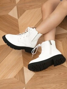 Girls Side Zip Lace-up Front Combat Boots - White - View 5