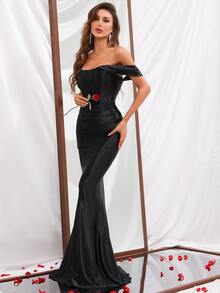 Women's Solid Color Off-Shoulder Mermaid Hem Formal Dress - Black - View 5