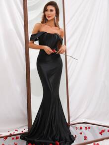 Women's Solid Color Off-Shoulder Mermaid Hem Formal Dress - Black - View 6