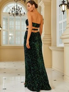 LOVE&LEMONADE Cut Out Back Split Thigh Sequin Tube Formal Gown - Dark Green - View 2