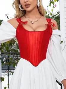 Knot Front Lace-up Back Asymmetrical Hem Overbust Corset - Red - View 1