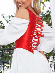Knot Front Lace-up Back Asymmetrical Hem Overbust Corset - Red - View 2