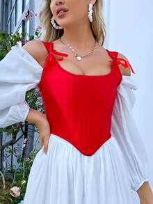 Knot Front Lace-up Back Asymmetrical Hem Overbust Corset - Red - View 4