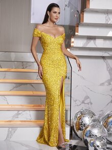 LOVE&LEMONADE Split Thigh Sequins Formal Dress - Yellow - View 6