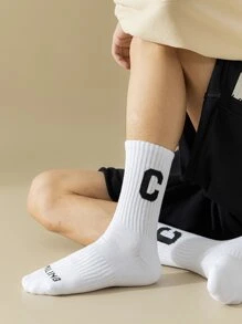 男士字母圖案中筒襪 - 白色 - 查看 5