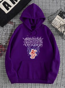 男士字母和骨架印花袋鼠口袋抽繩保暖連帽衫 - 紫色 - 查看 1