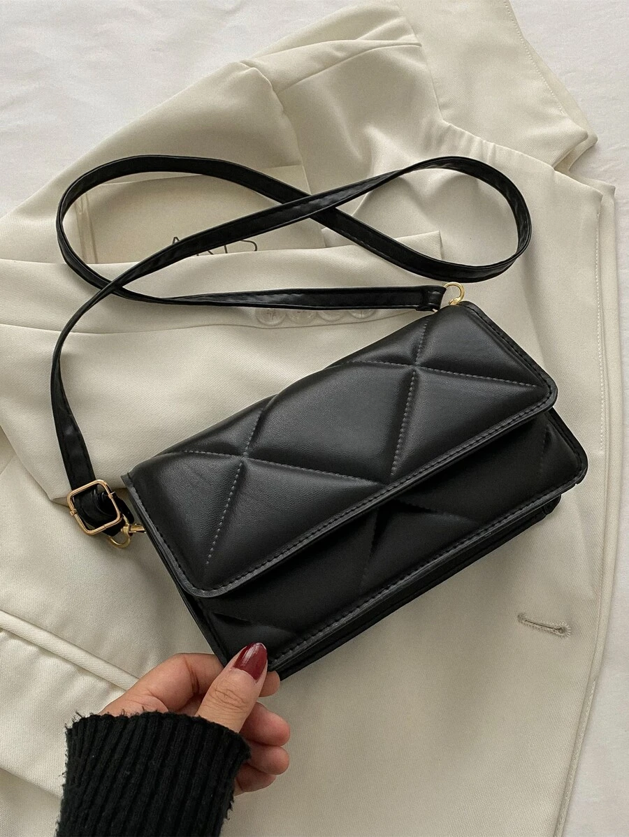 Mini Geometric Quilted Square Bag - Black - View 1