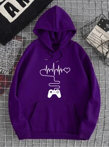 Manfinity Dauomo Men Gamepad And Heart Print Kangaroo Pocket Drawstring Thermal Hoodie - Purple - View 1