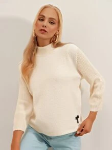 EURMUSE 螺紋針織立領套頭毛衣 - 米色 - 查看 1