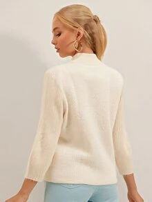 EURMUSE 螺紋針織立領套頭毛衣 - 米色 - 查看 2