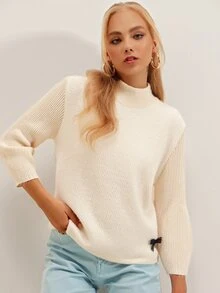 EURMUSE 螺紋針織立領套頭毛衣 - 米色 - 查看 3