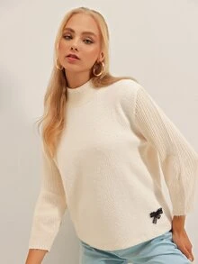 EURMUSE 螺紋針織立領套頭毛衣 - 米色 - 查看 4