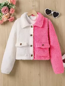 SHEIN Girls Two Tone Flap Pocket Flannel Jacket Without Tee - Multicolor - View 1