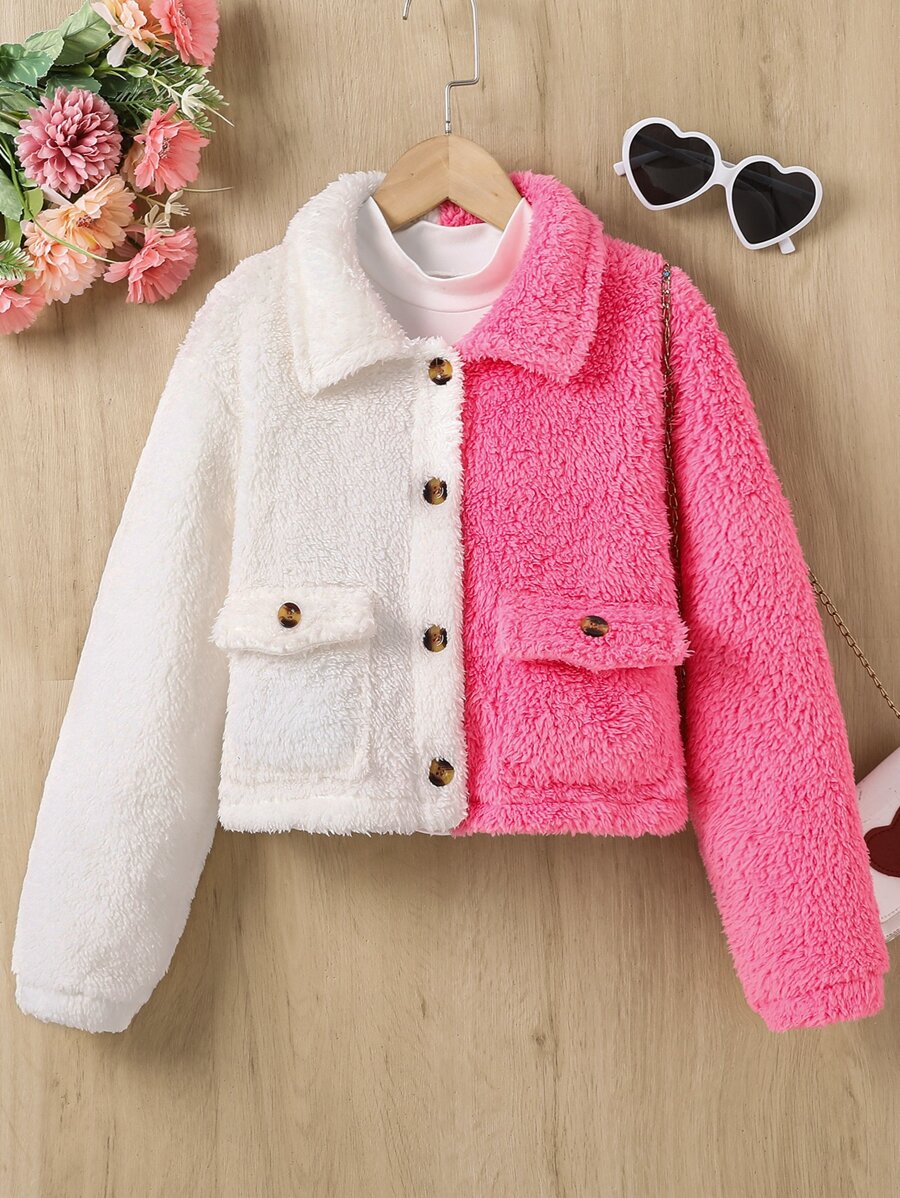 SHEIN Girls Two Tone Flap Pocket Flannel Jacket Without Tee - Multicolor - View 1