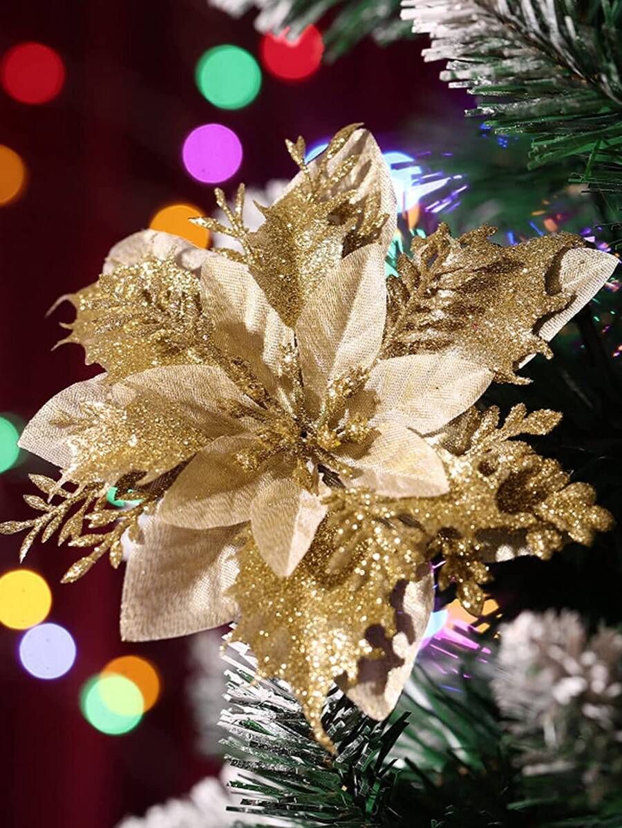 5pcs/pack Gold Artificial Christmas Flower Tree Ornaments Decoration With Glitters - Suitable For Wreath And Party Decorations - Gold - View 1