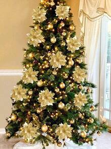 5pcs/pack Gold Artificial Christmas Flower Tree Ornaments Decoration With Glitters - Suitable For Wreath And Party Decorations - Gold - View 3