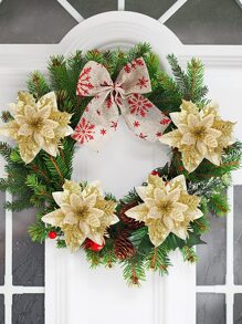 5pcs/pack Gold Artificial Christmas Flower Tree Ornaments Decoration With Glitters - Suitable For Wreath And Party Decorations - Gold - View 4