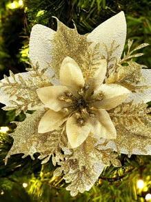 5pcs/pack Gold Artificial Christmas Flower Tree Ornaments Decoration With Glitters - Suitable For Wreath And Party Decorations - Gold - View 5